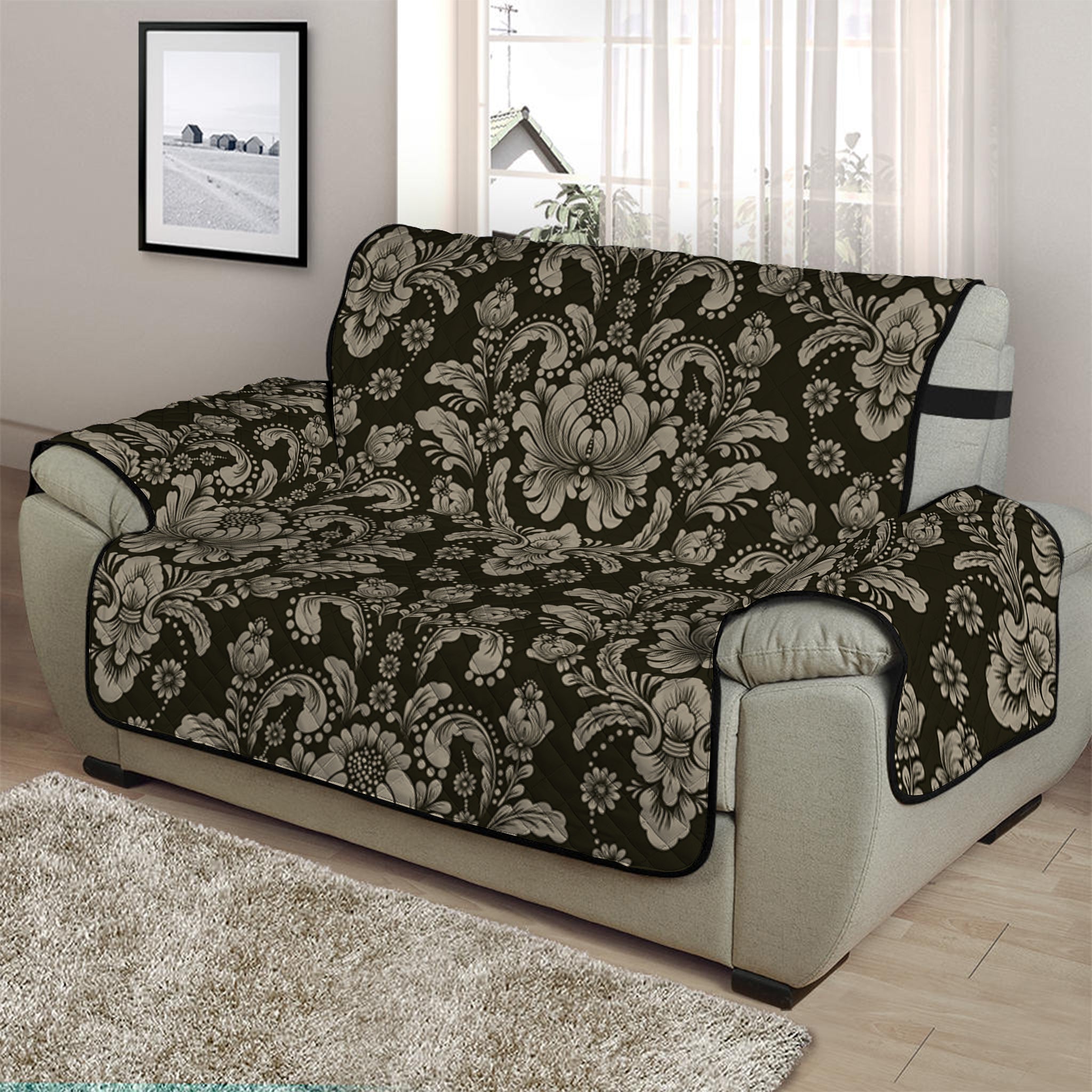 Brown Damask Pattern Print Half Sofa Protector