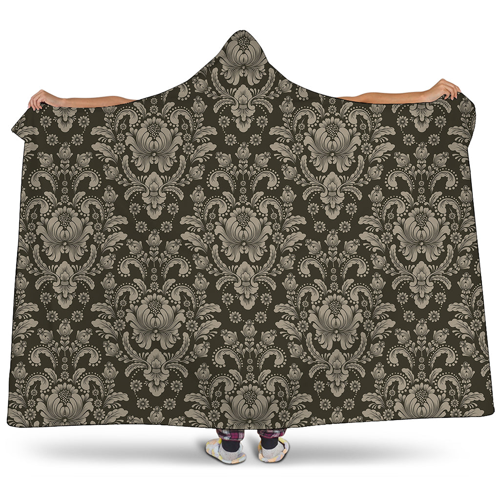 Brown Damask Pattern Print Hooded Blanket