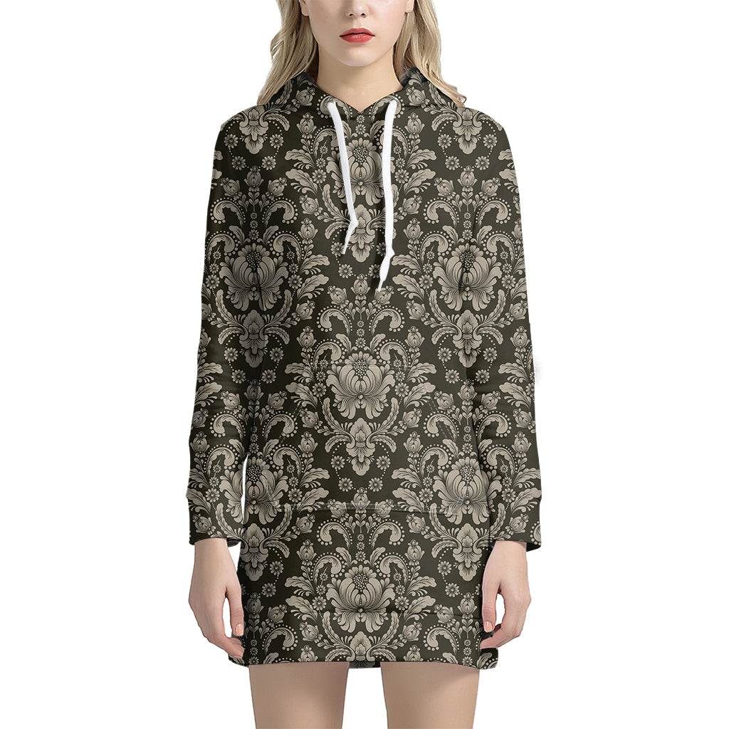 Brown Damask Pattern Print Hoodie Dress