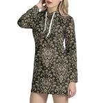 Brown Damask Pattern Print Hoodie Dress