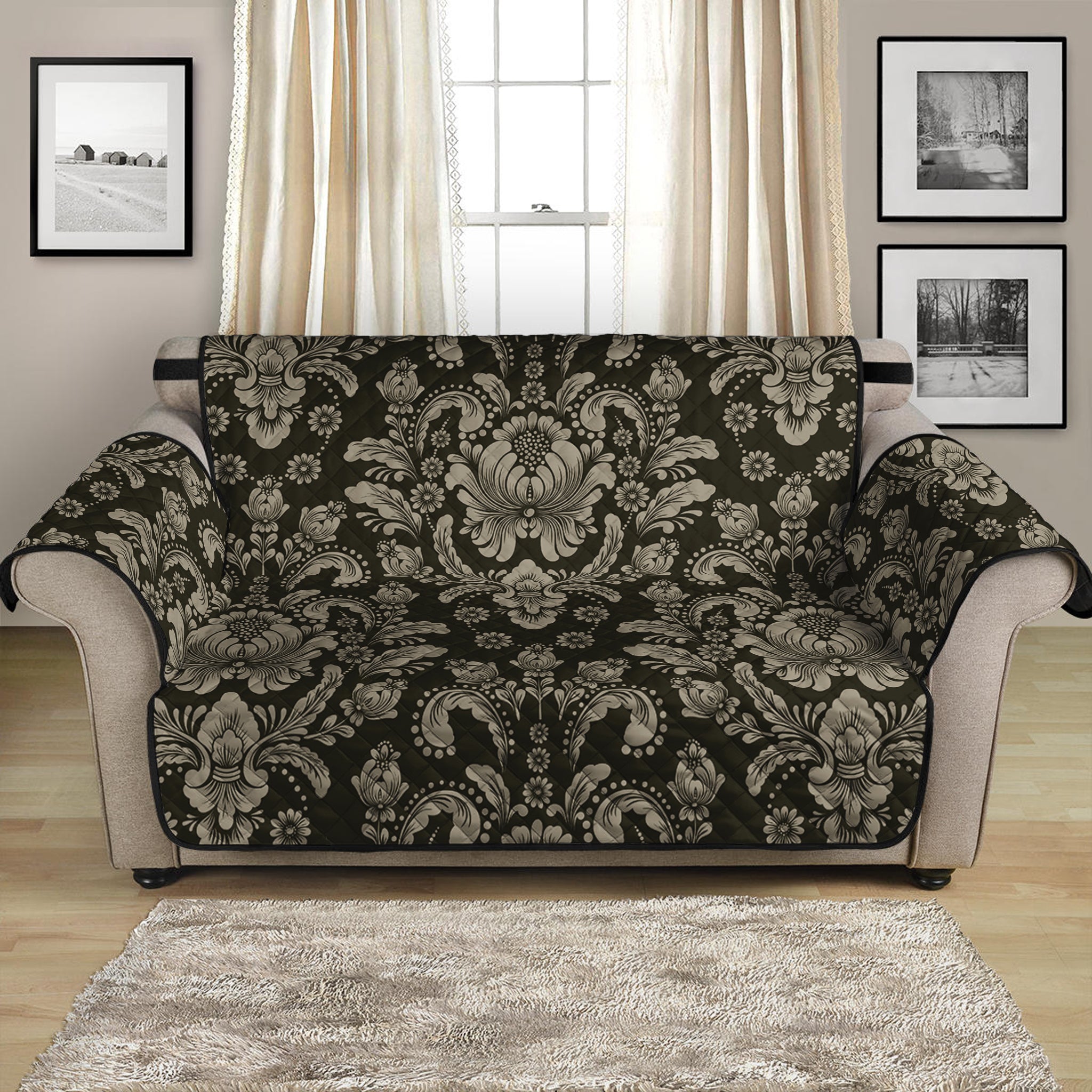 Brown Damask Pattern Print Loveseat Protector