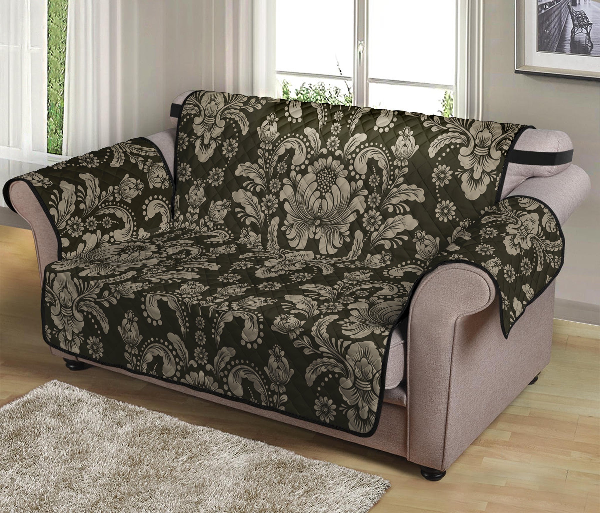 Brown Damask Pattern Print Loveseat Protector