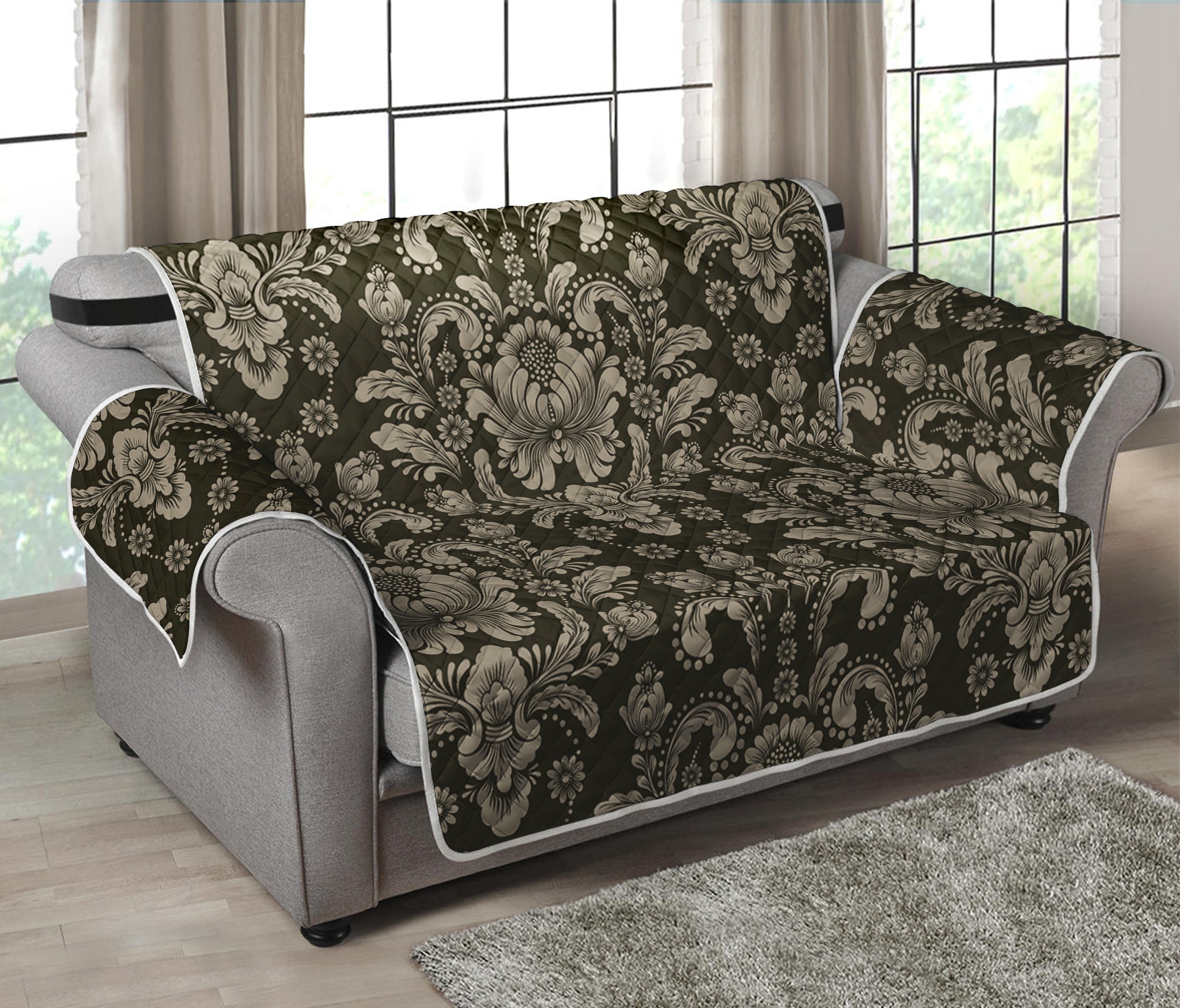 Brown Damask Pattern Print Loveseat Protector