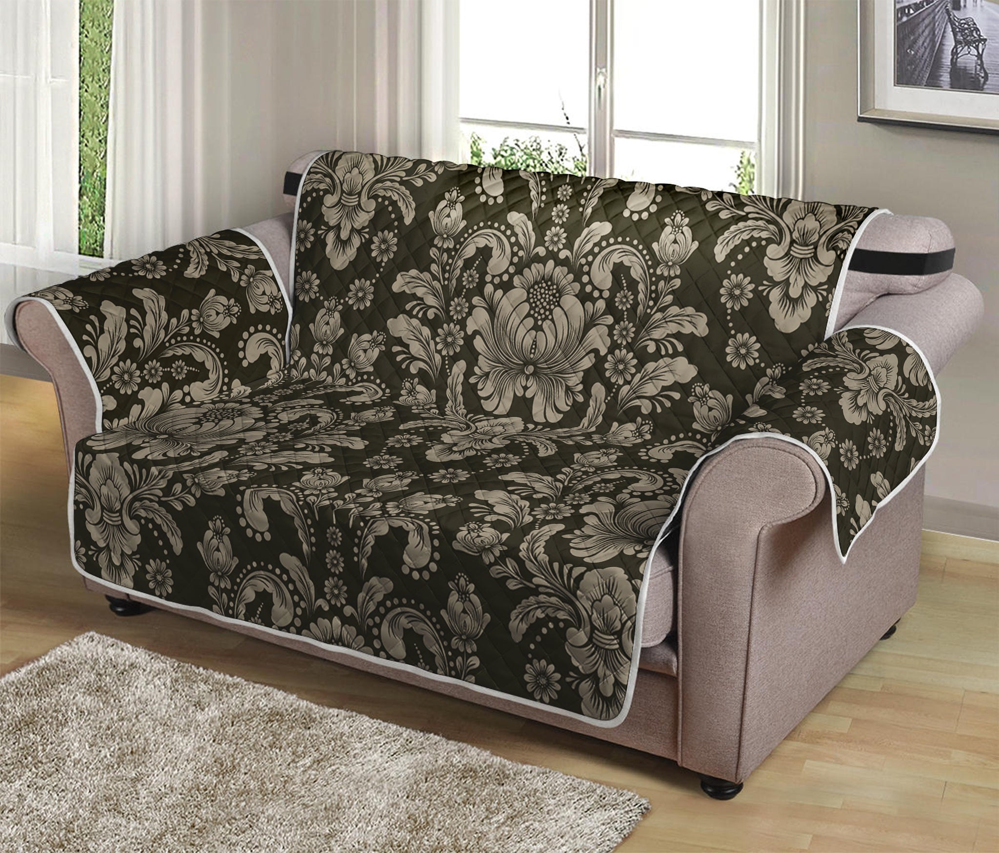 Brown Damask Pattern Print Loveseat Protector