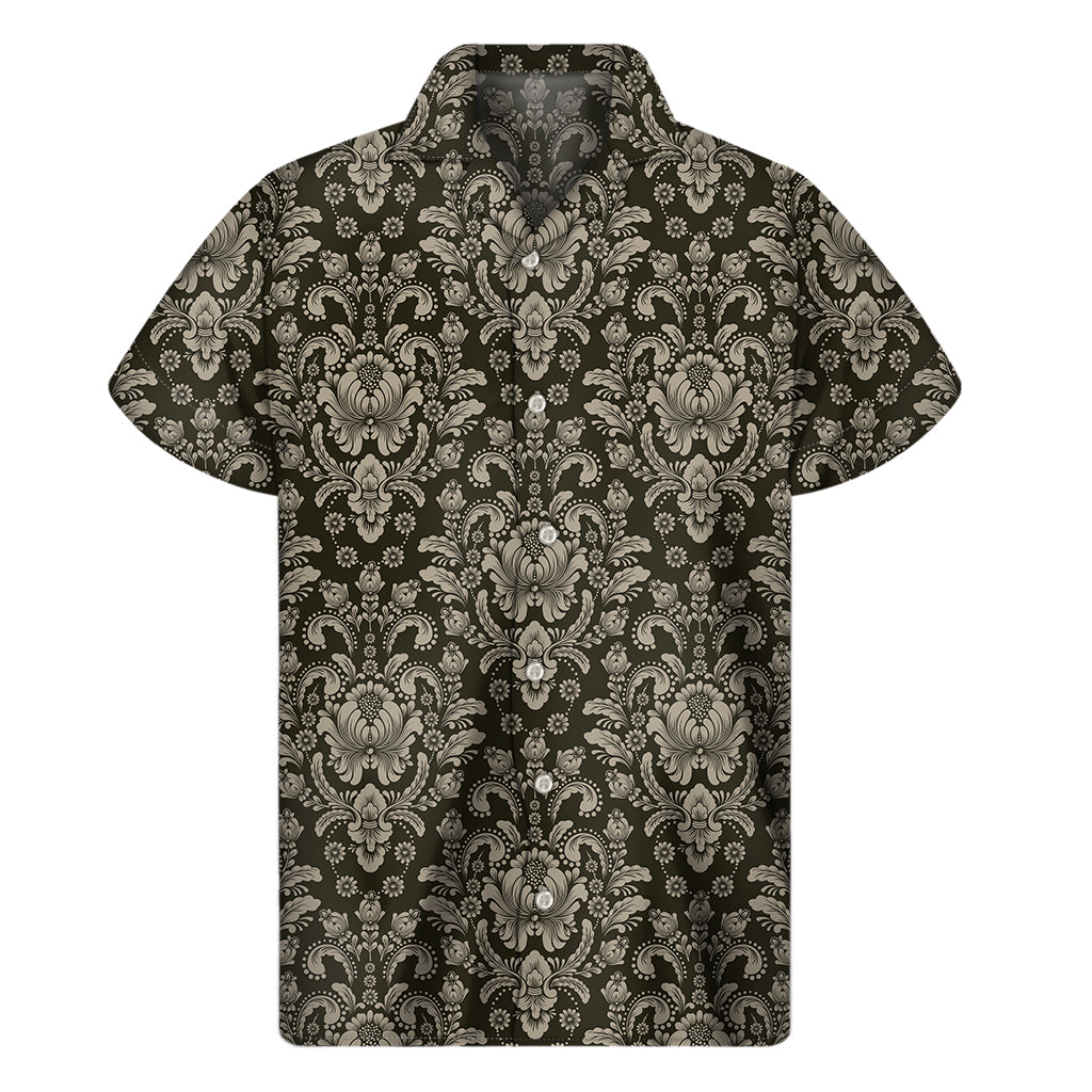 Brown Damask Pattern Print Men's Short Sleeve Shirt