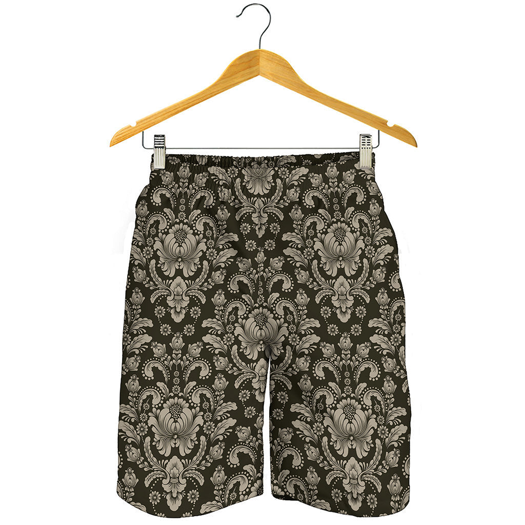 Brown Damask Pattern Print Men's Shorts