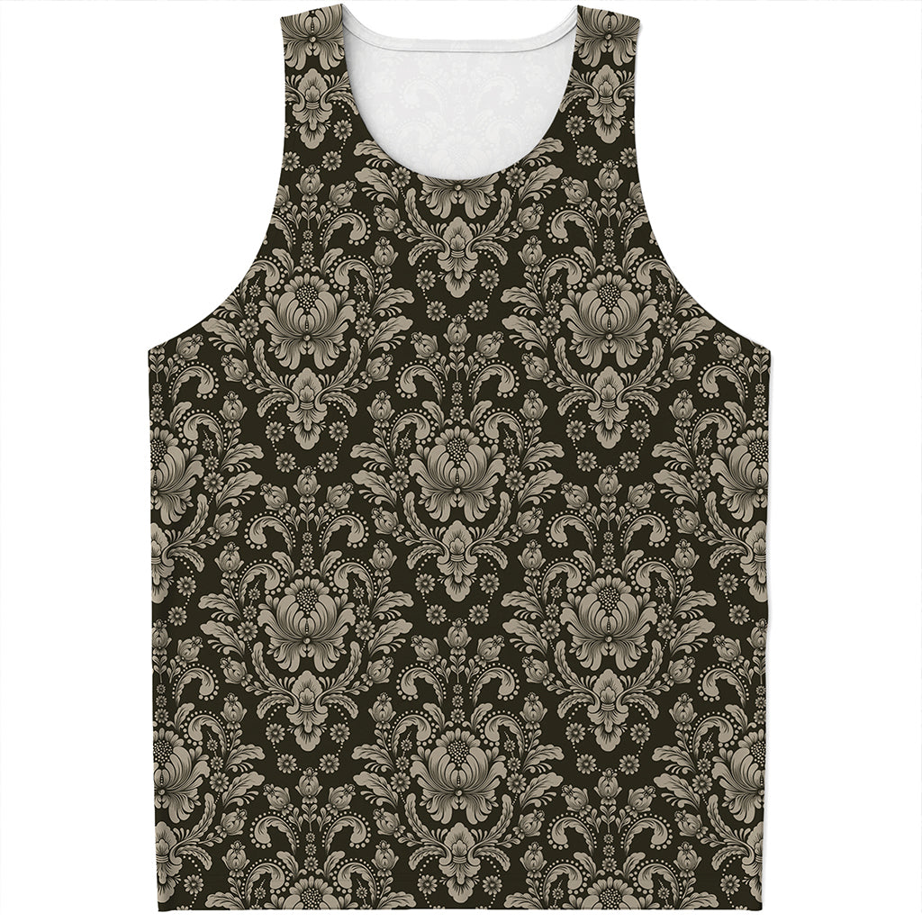 Brown Damask Pattern Print Men's Tank Top