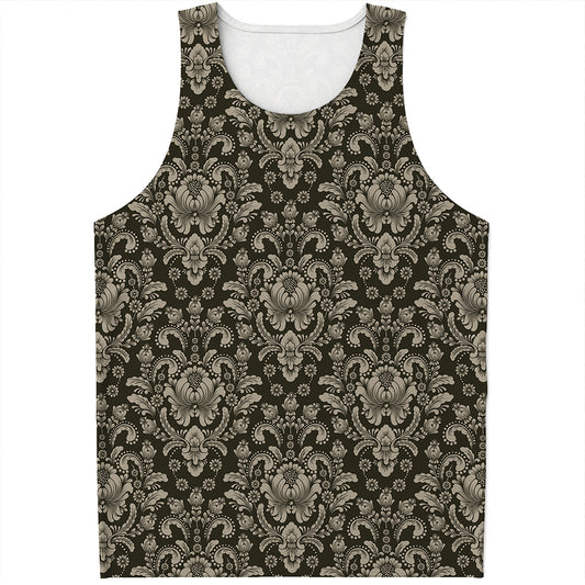 Brown Damask Pattern Print Men's Tank Top