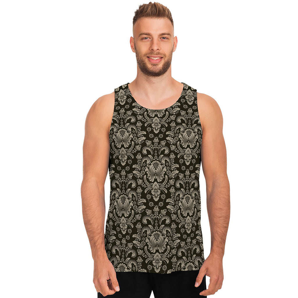 Brown Damask Pattern Print Men's Tank Top