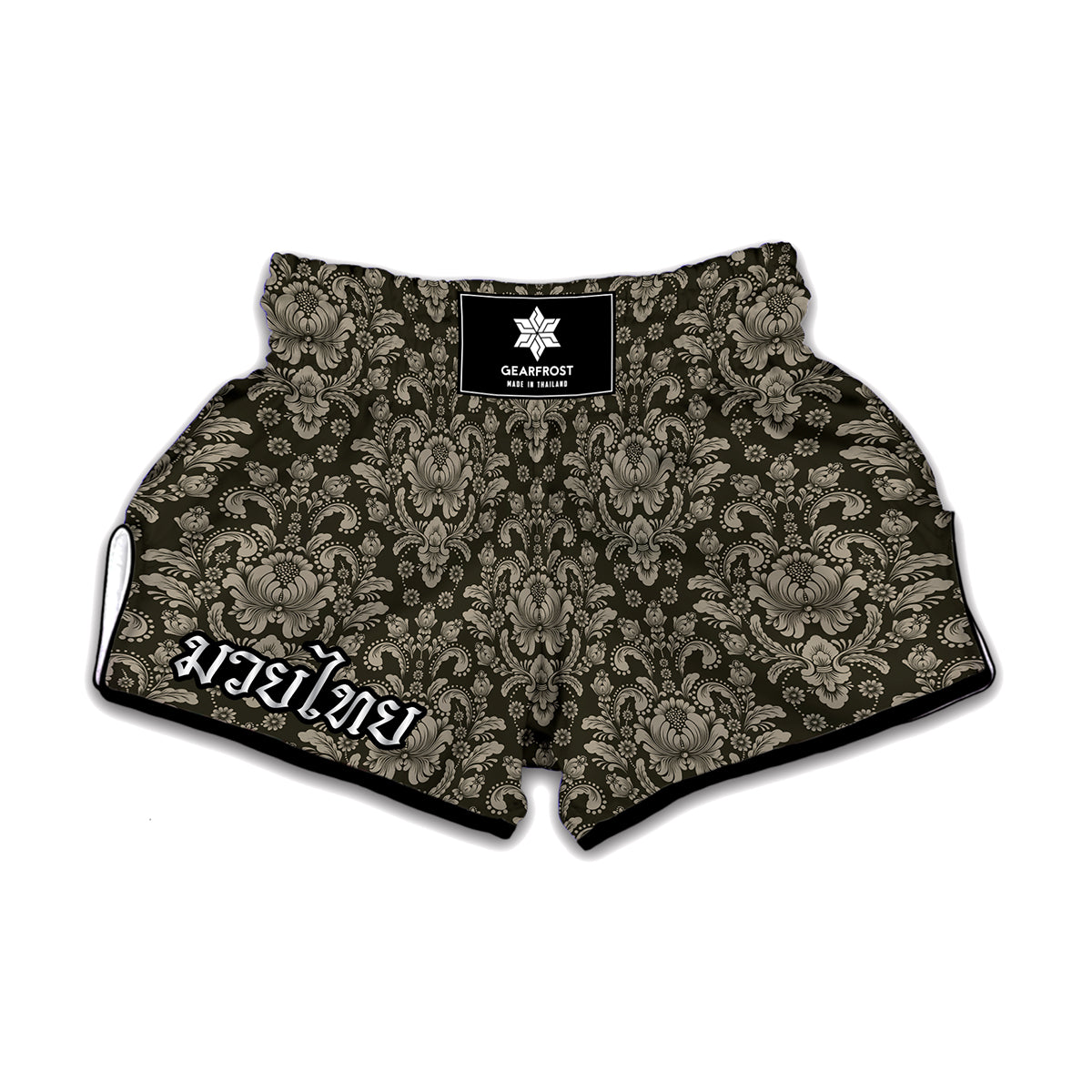 Brown Damask Pattern Print Muay Thai Boxing Shorts