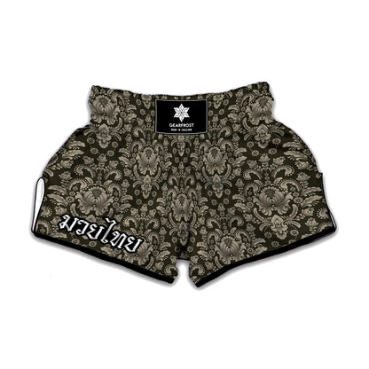 Brown Damask Pattern Print Muay Thai Boxing Shorts