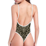 Brown Damask Pattern Print One Piece High Cut Swimsuit