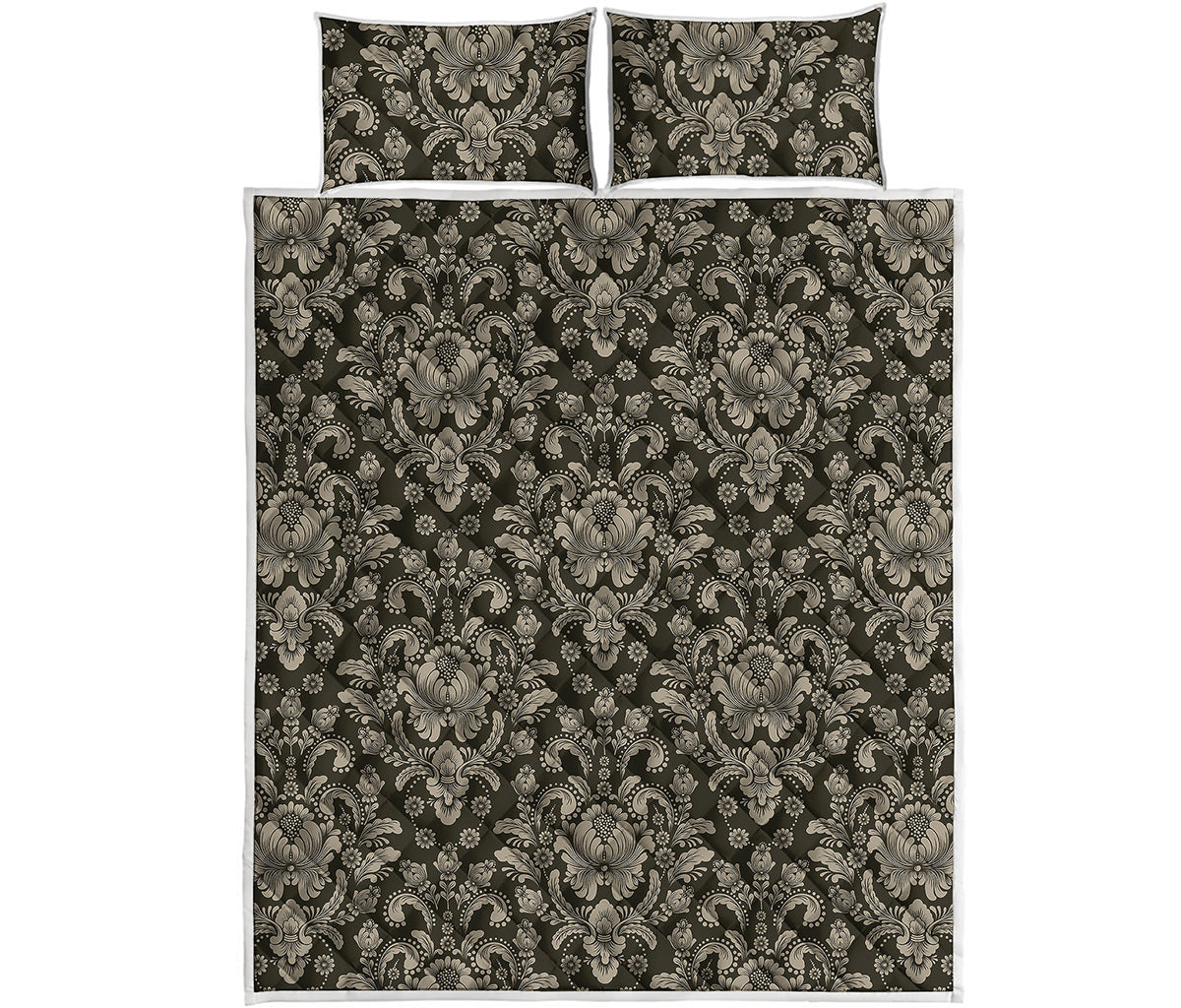 Brown Damask Pattern Print Quilt Bed Set