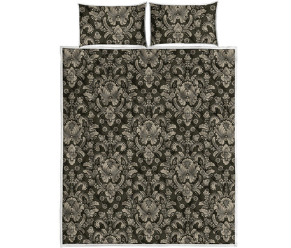 Brown Damask Pattern Print Quilt Bed Set