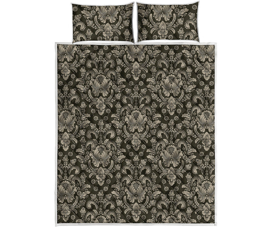 Brown Damask Pattern Print Quilt Bed Set