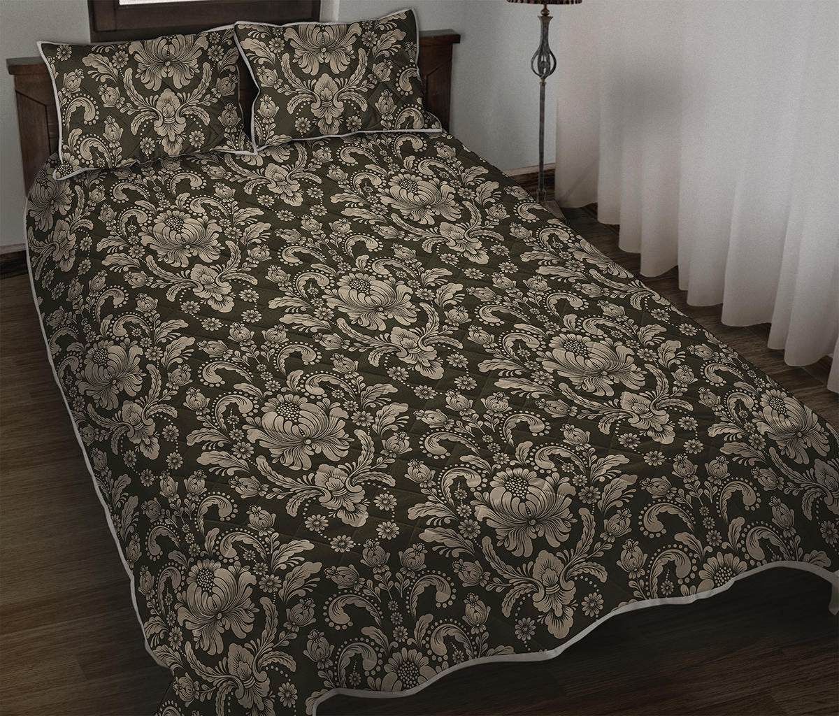 Brown Damask Pattern Print Quilt Bed Set