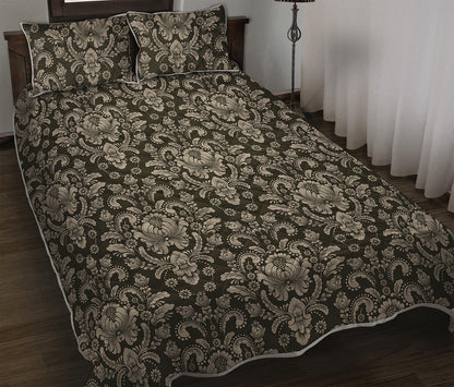 Brown Damask Pattern Print Quilt Bed Set