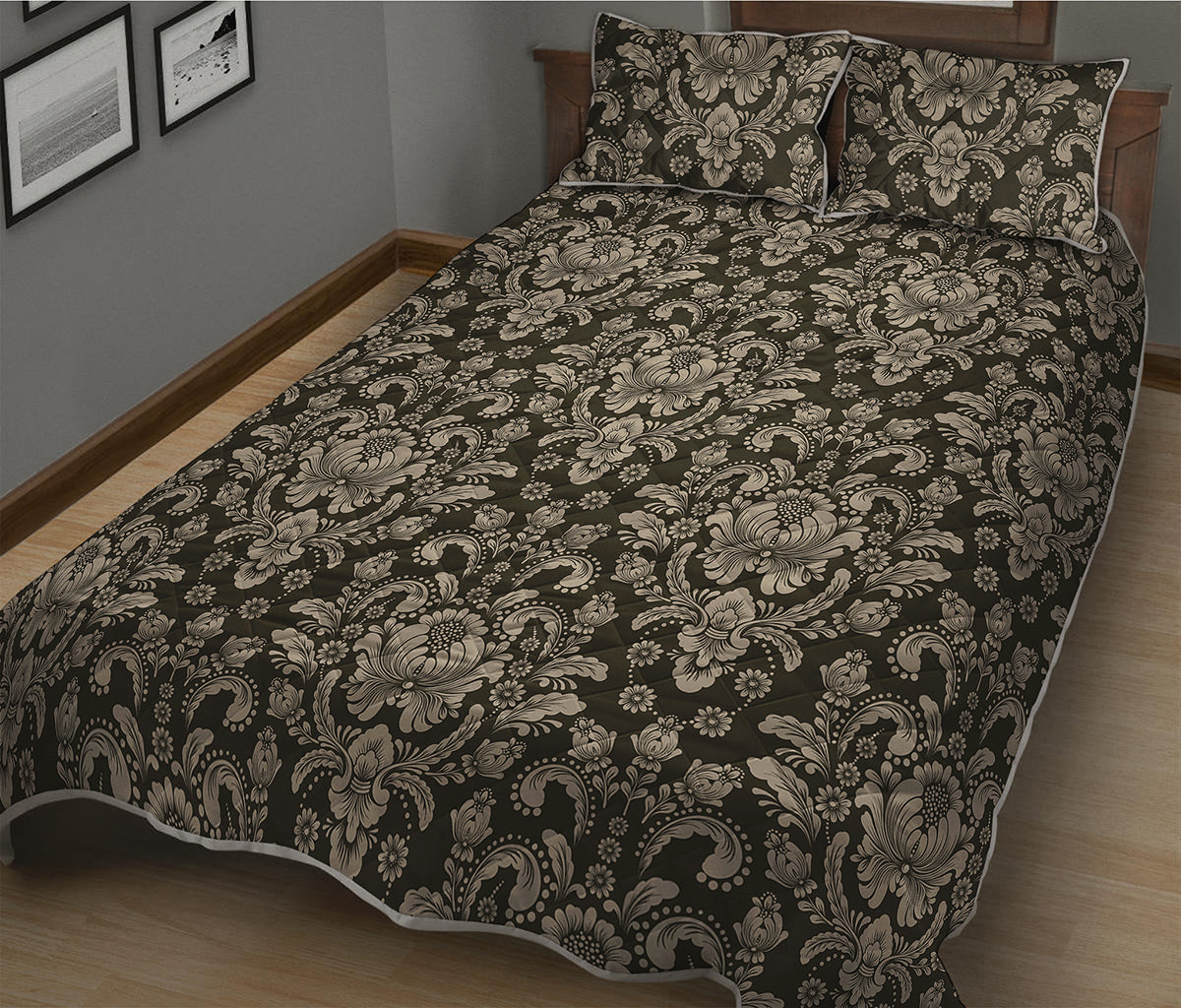 Brown Damask Pattern Print Quilt Bed Set