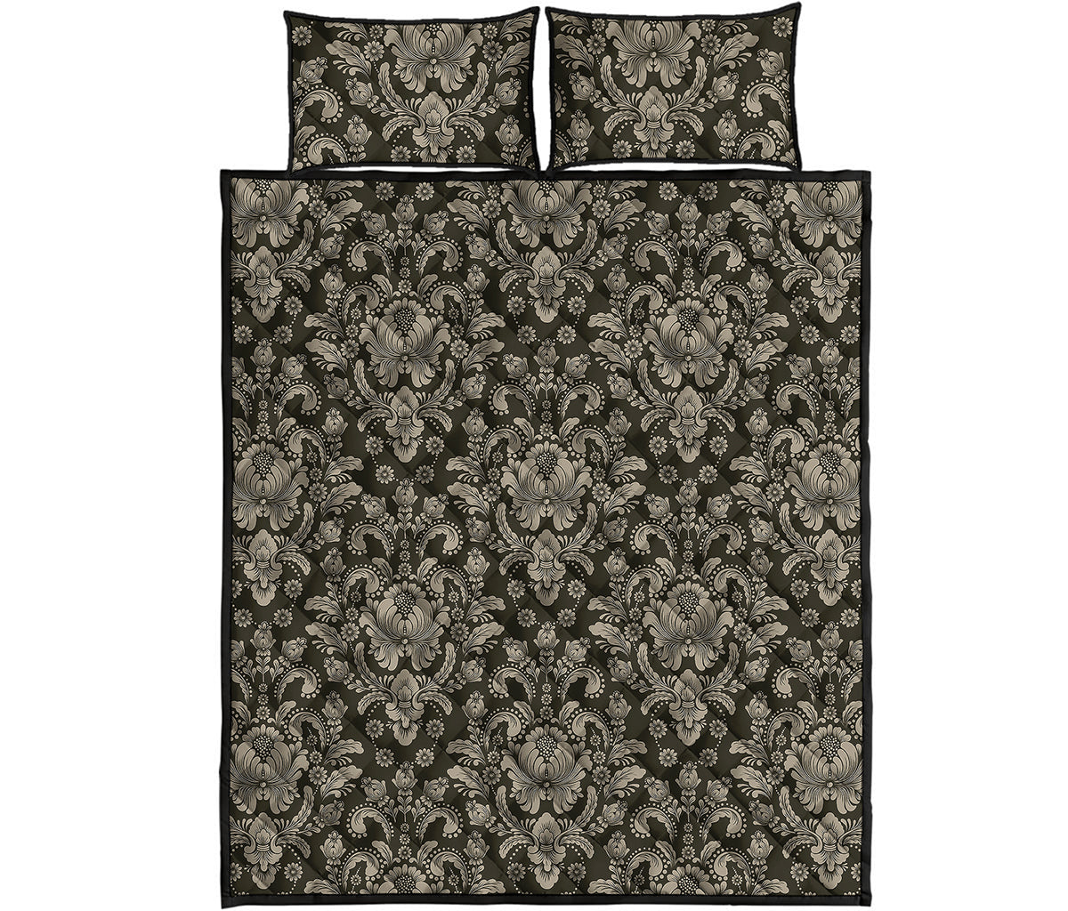 Brown Damask Pattern Print Quilt Bed Set