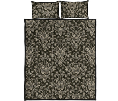 Brown Damask Pattern Print Quilt Bed Set