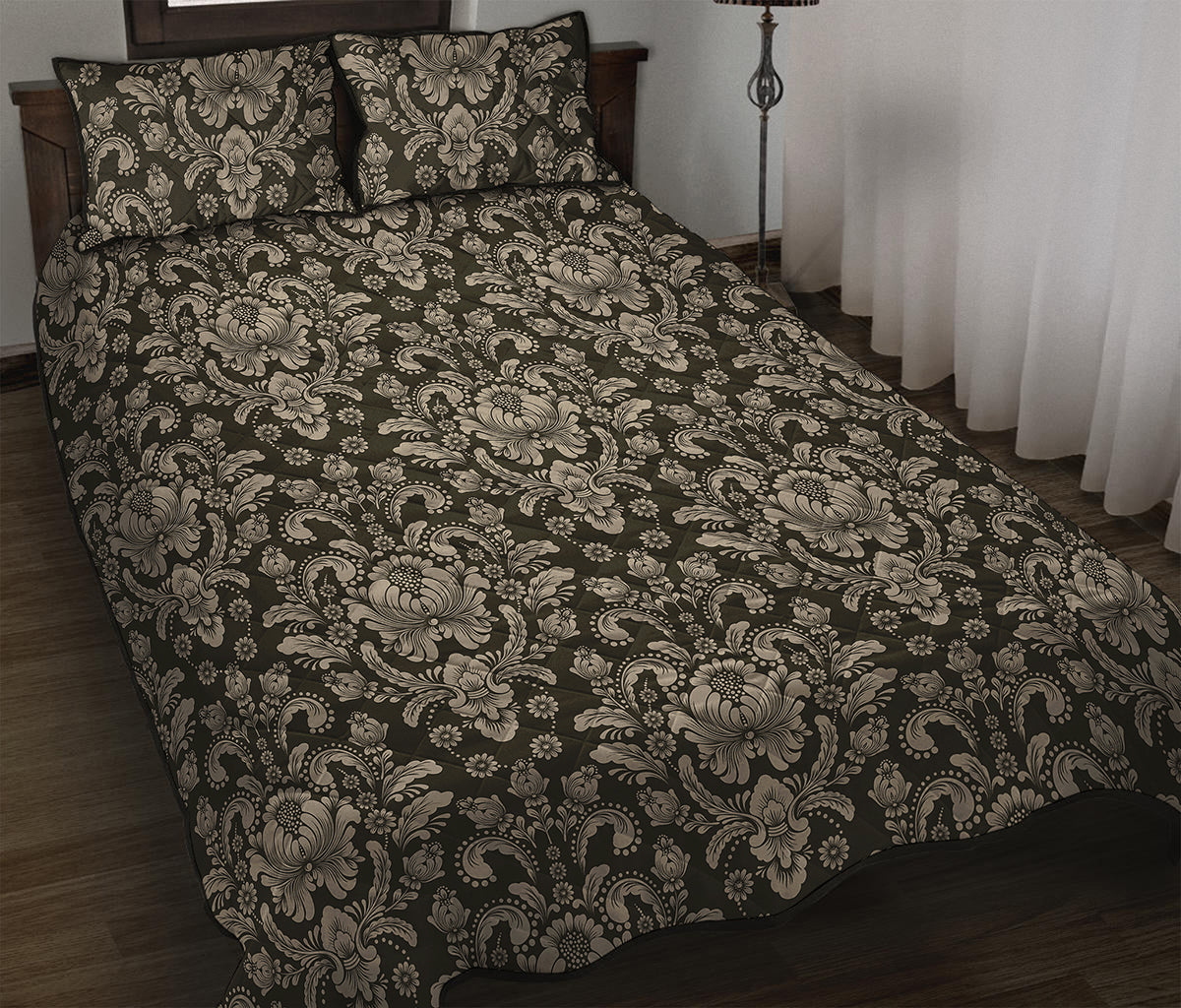 Brown Damask Pattern Print Quilt Bed Set