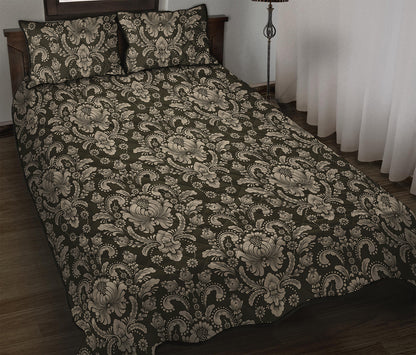 Brown Damask Pattern Print Quilt Bed Set
