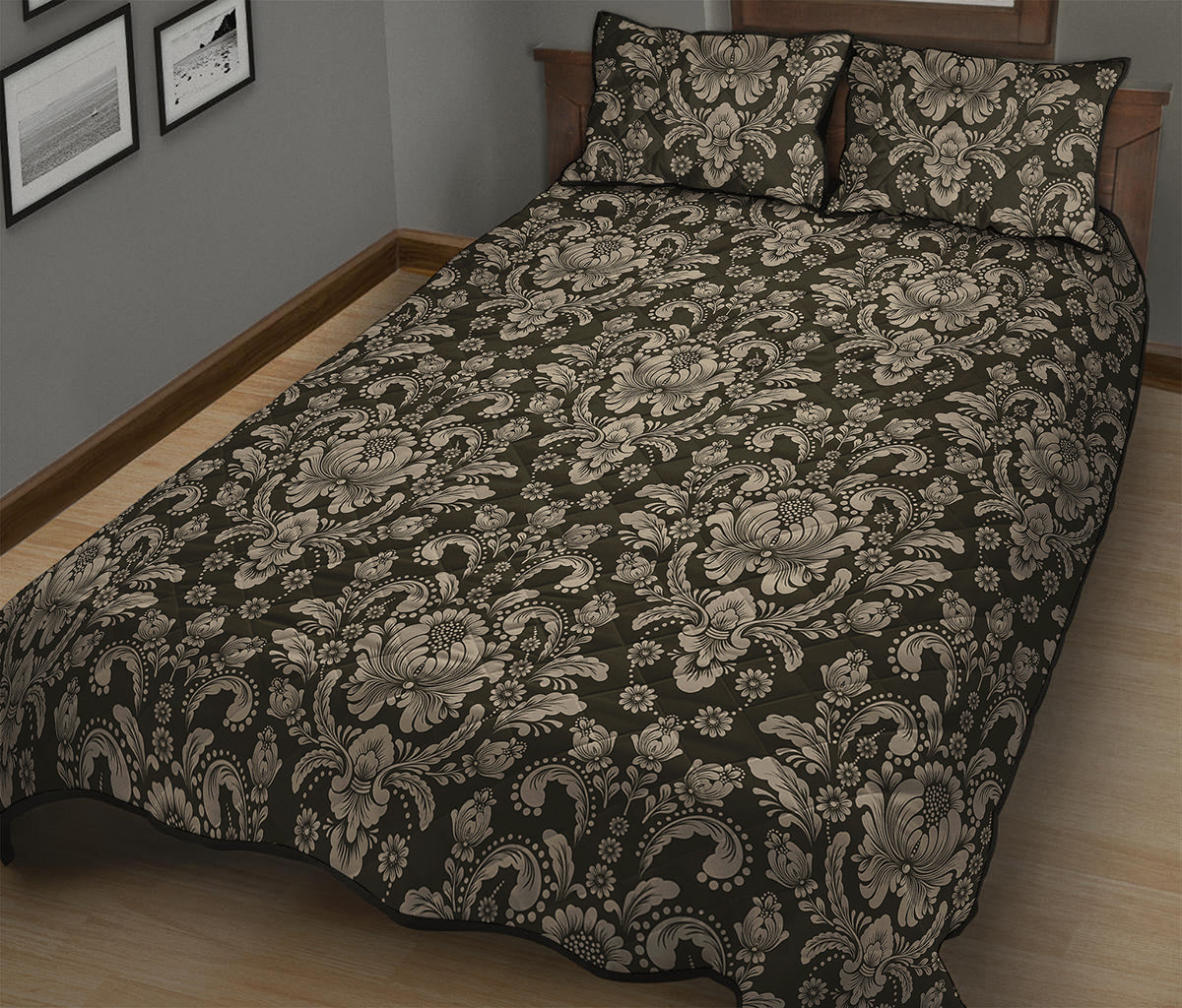 Brown Damask Pattern Print Quilt Bed Set