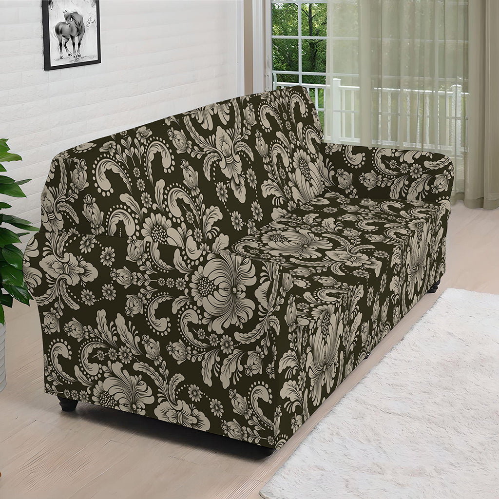 Brown Damask Pattern Print Sofa Cover
