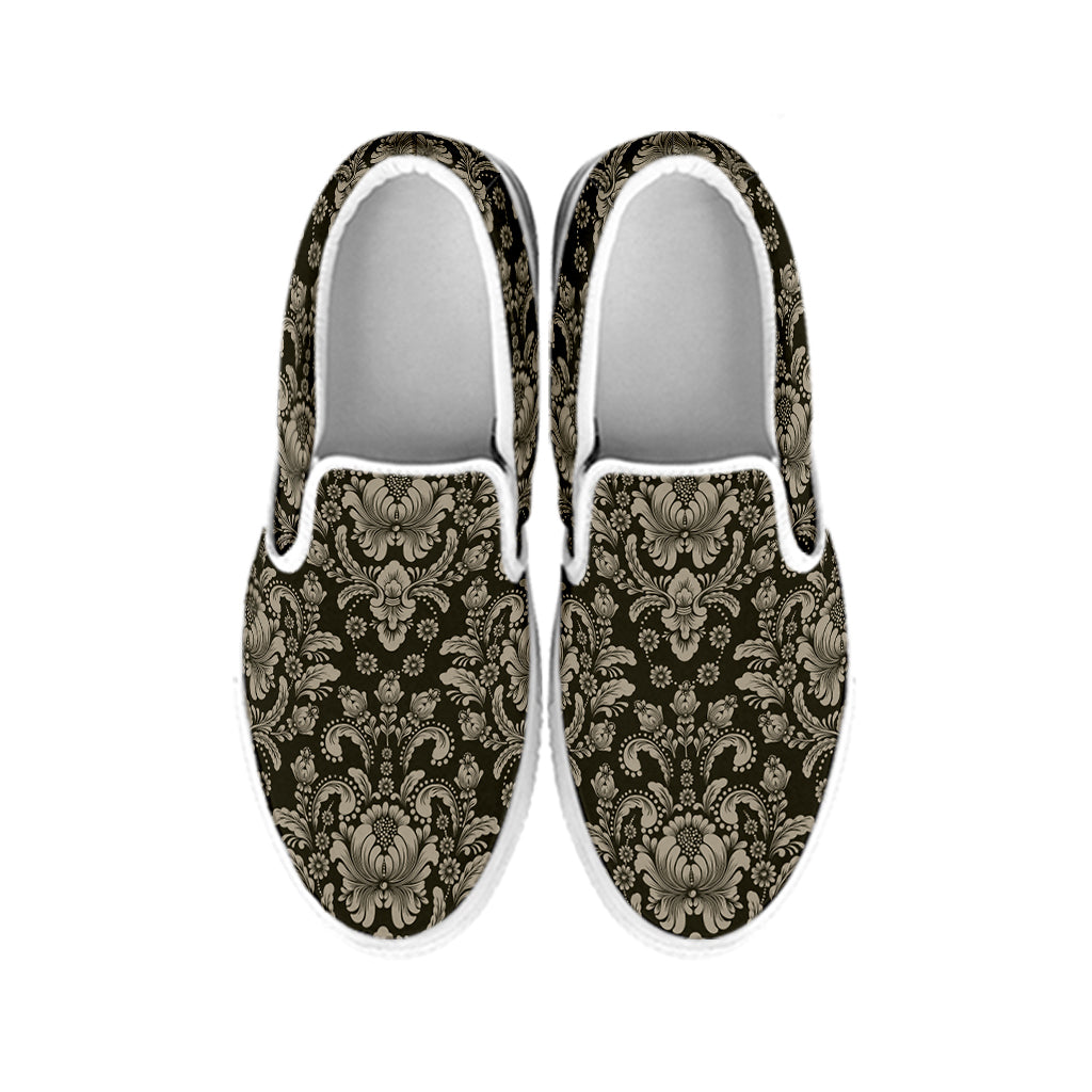 Brown Damask Pattern Print White Slip On Shoes