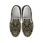 Brown Damask Pattern Print White Slip On Shoes