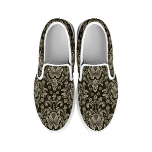 Brown Damask Pattern Print White Slip On Shoes