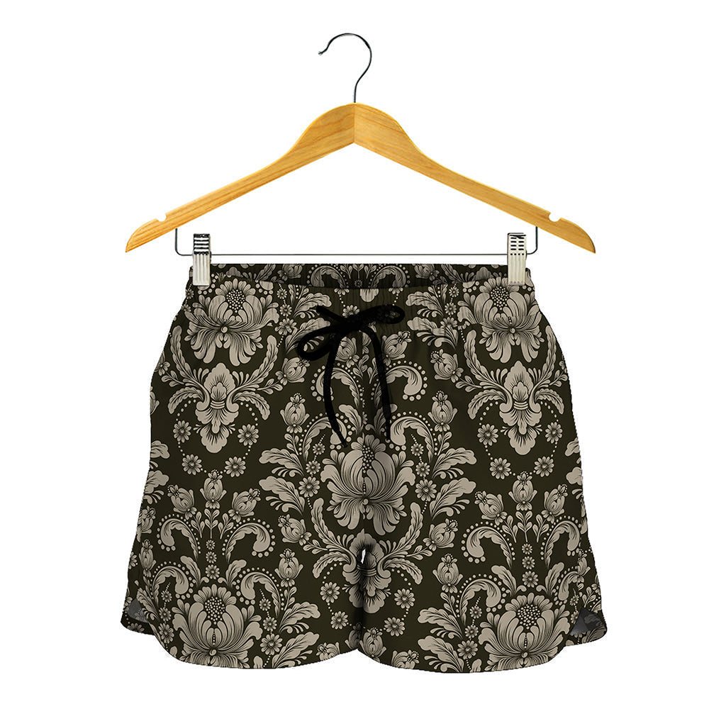 Brown Damask Pattern Print Women's Shorts