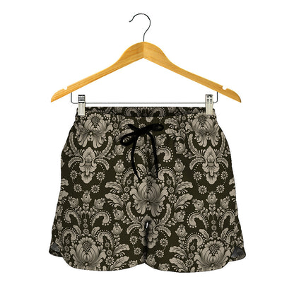 Brown Damask Pattern Print Women's Shorts