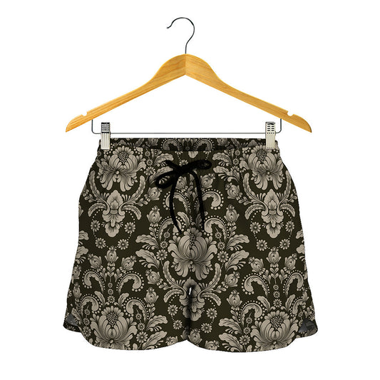 Brown Damask Pattern Print Women's Shorts