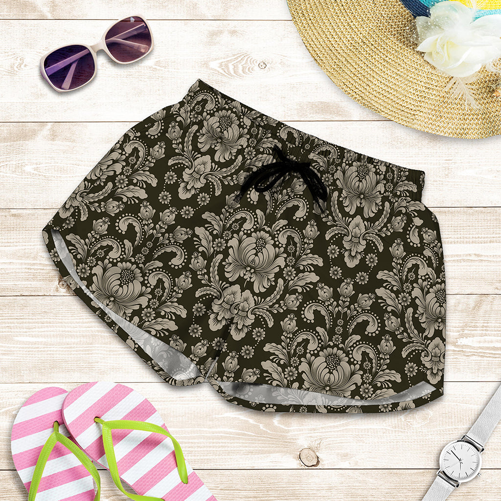Brown Damask Pattern Print Women's Shorts