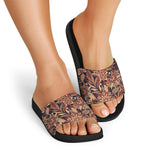 Brown Floral Bohemian Pattern Print Black Slide Sandals