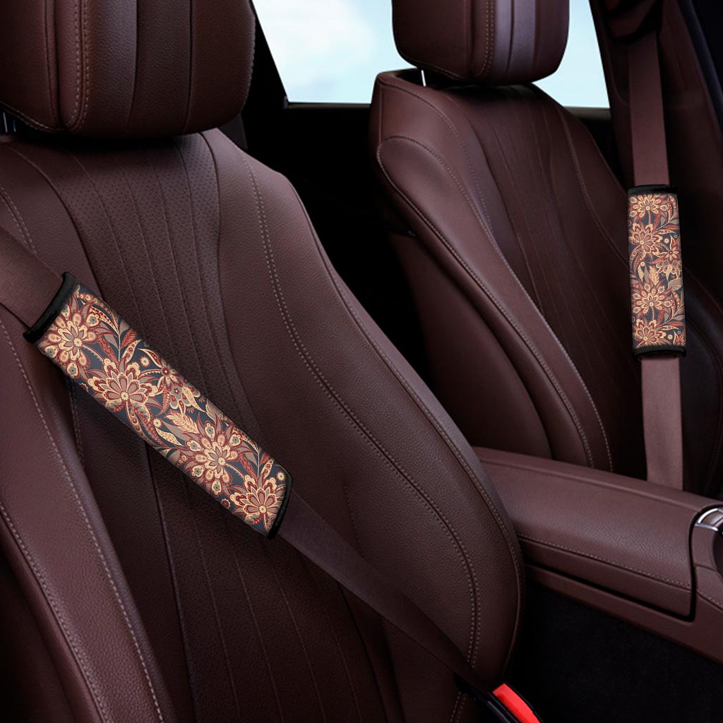 Brown Floral Bohemian Pattern Print Car Seat Belt Covers