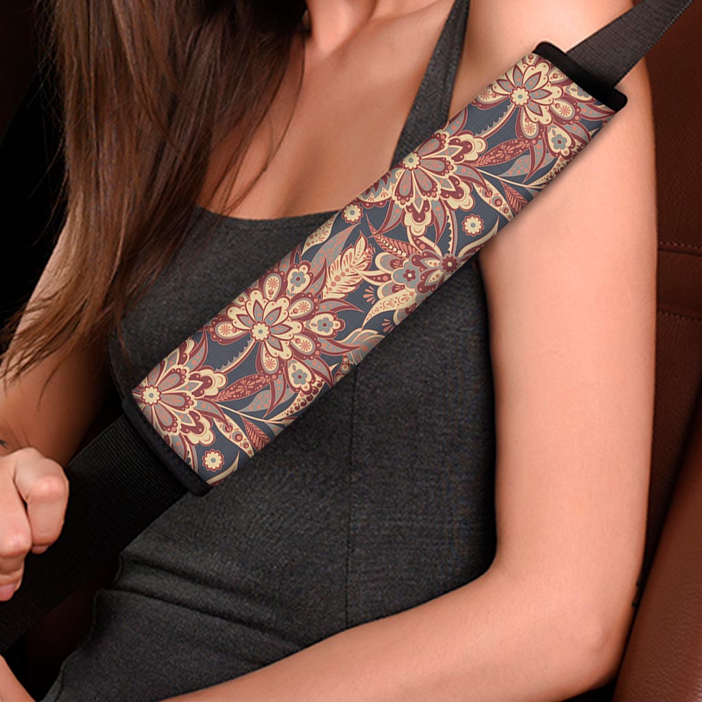 Brown Floral Bohemian Pattern Print Car Seat Belt Covers