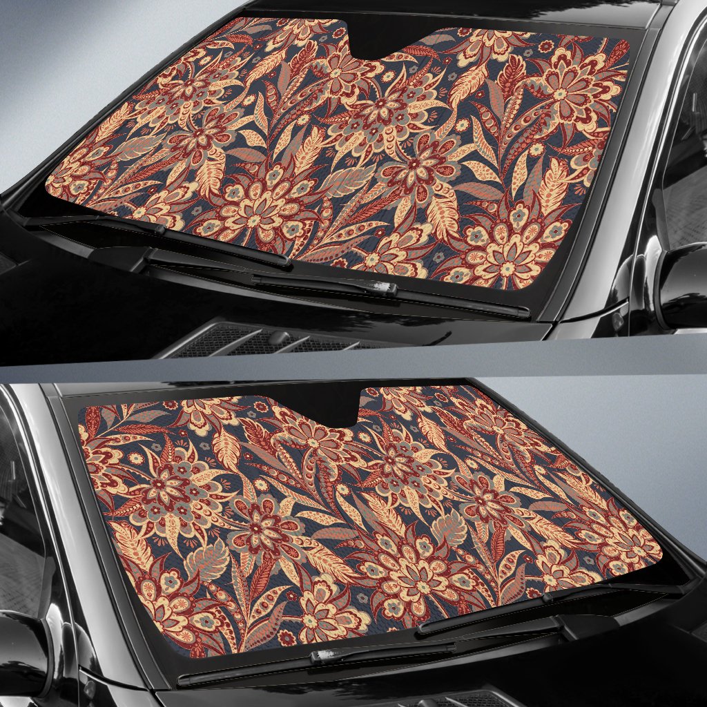 Brown Floral Bohemian Pattern Print Car Sun Shade GearFrost