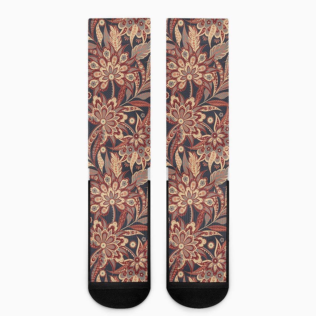 Brown Floral Bohemian Pattern Print Crew Socks