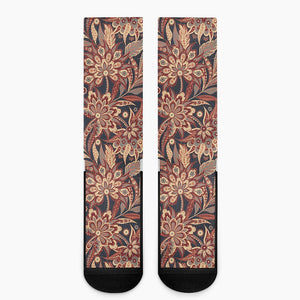 Brown Floral Bohemian Pattern Print Crew Socks