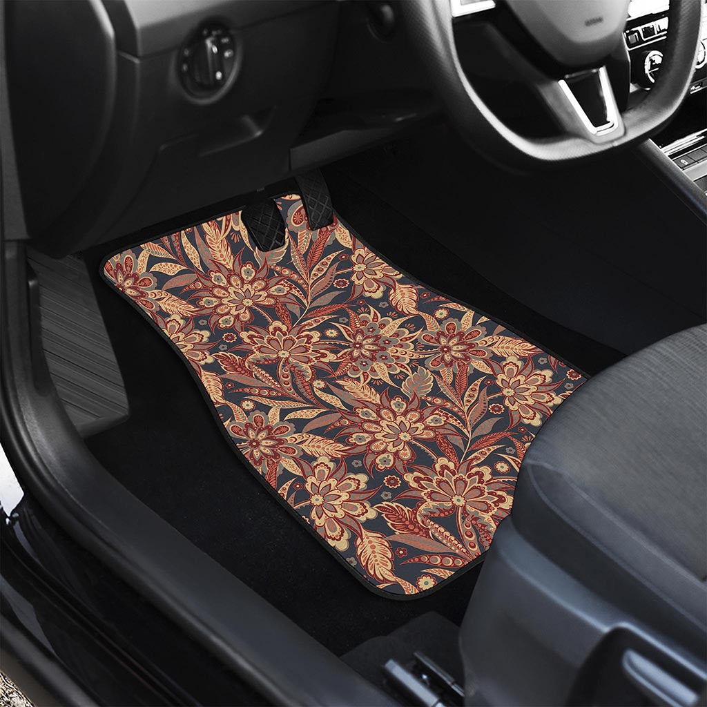 Brown Floral Bohemian Pattern Print Front and Back Car Floor Mats