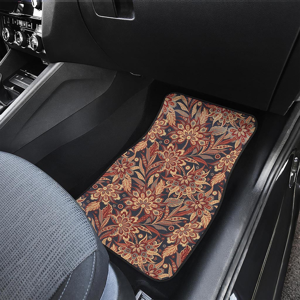 Brown Floral Bohemian Pattern Print Front and Back Car Floor Mats