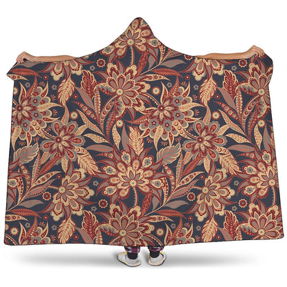 Brown Floral Bohemian Pattern Print Hooded Blanket