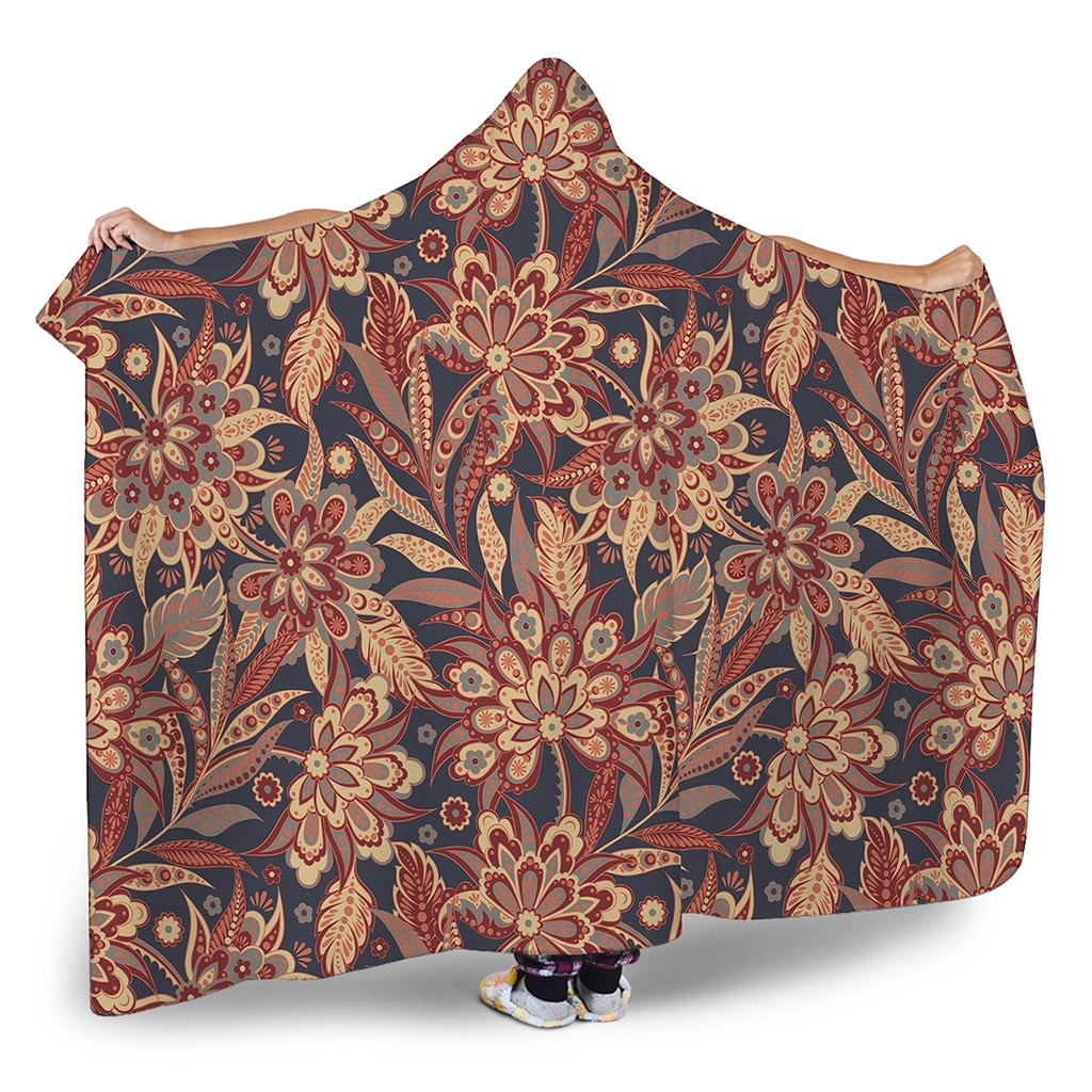 Brown Floral Bohemian Pattern Print Hooded Blanket