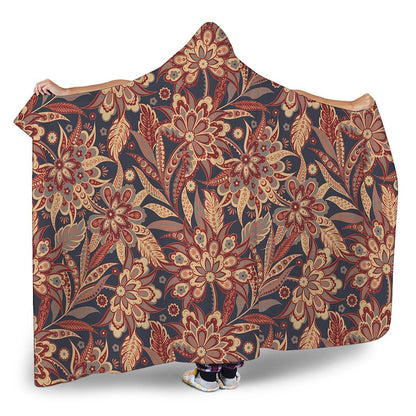 Brown Floral Bohemian Pattern Print Hooded Blanket