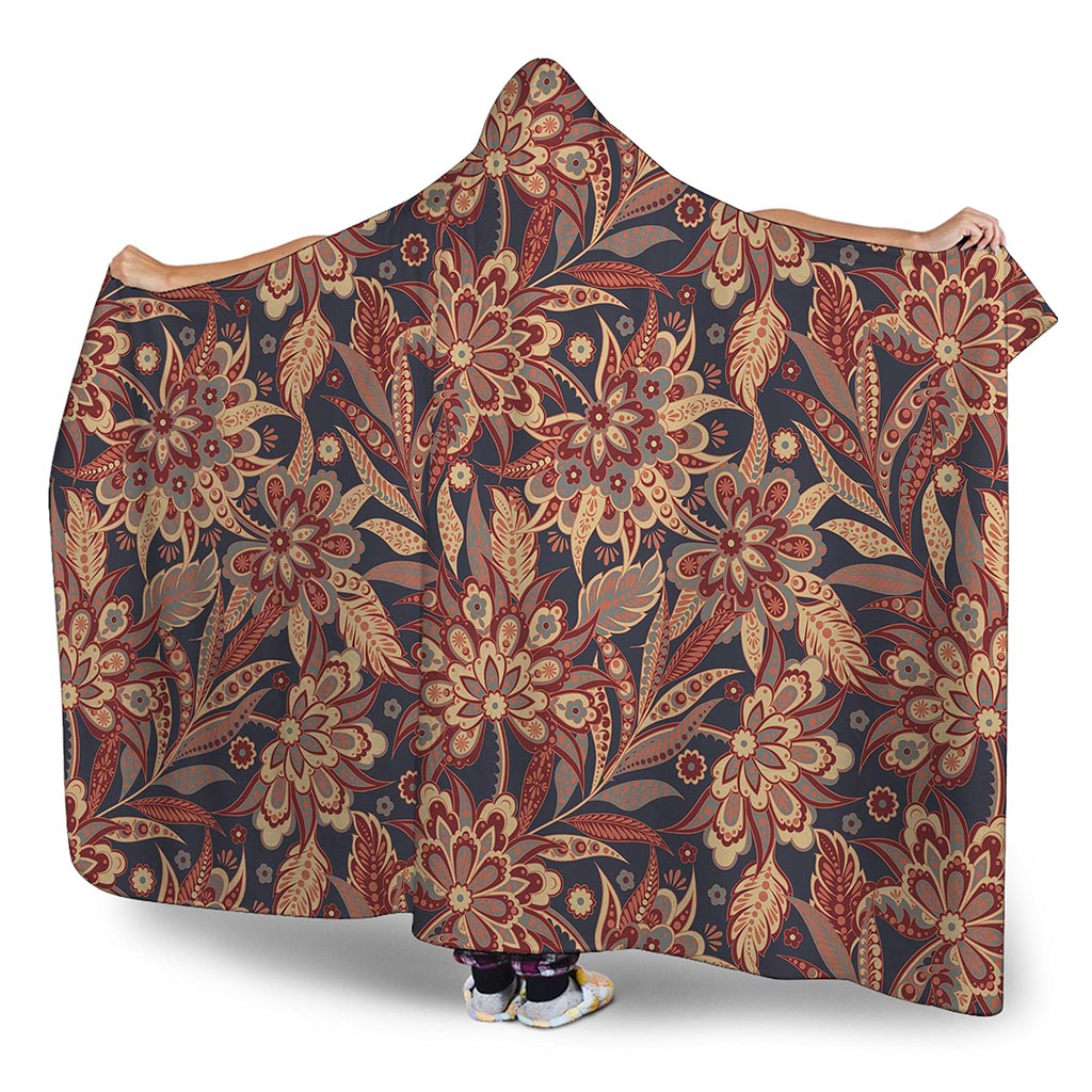 Brown Floral Bohemian Pattern Print Hooded Blanket