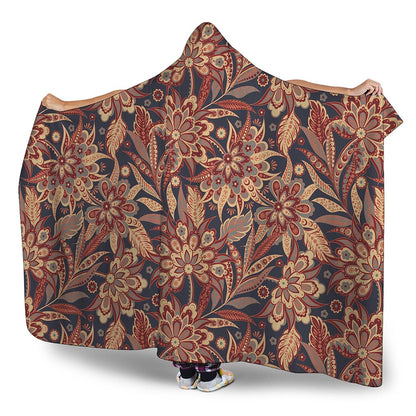 Brown Floral Bohemian Pattern Print Hooded Blanket