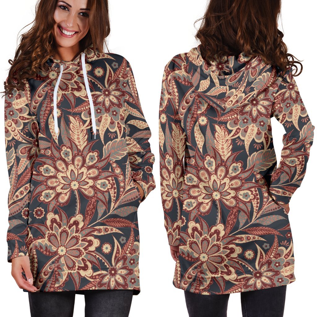 Brown Floral Bohemian Pattern Print Hoodie Dress GearFrost