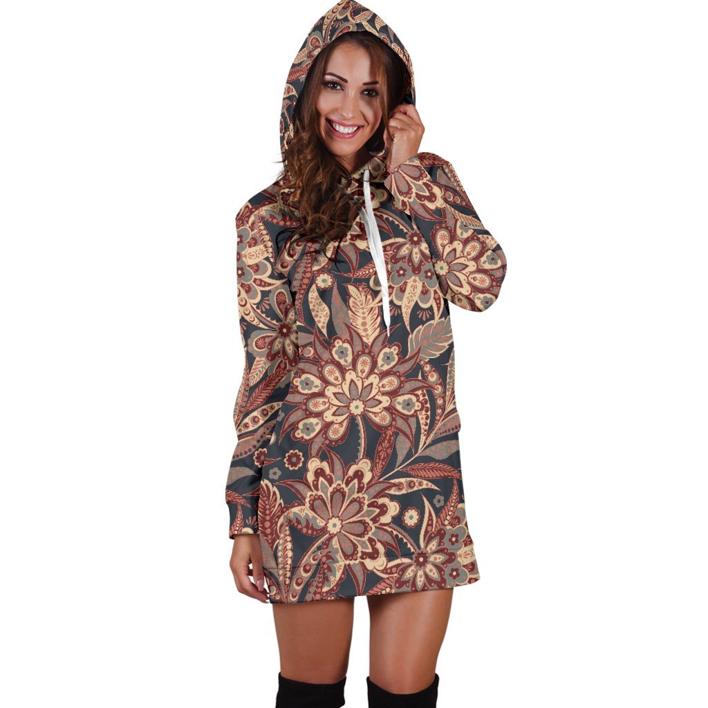 Brown Floral Bohemian Pattern Print Hoodie Dress GearFrost